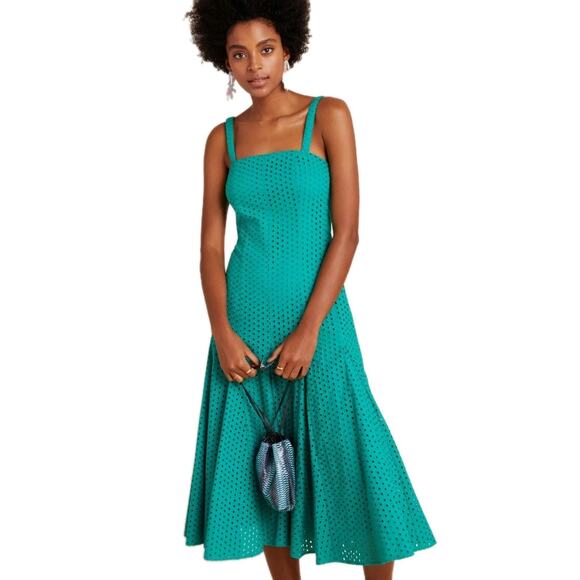 Anthropologie Maeve Lelia Eyelet Midi Dress Green Lined Sz 6 Small Sleeveless - Picture 11 of 12